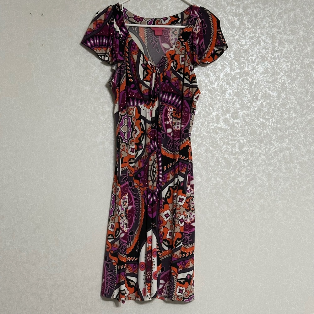 Sunny Leigh Paisley Medallion Flutter Sleeve V-Neck‎ Tie Front Dress Boho Y2K XL